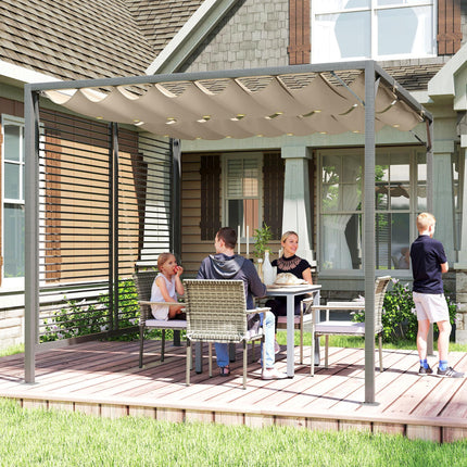 Retractable 3m x 2.8m Metal Frame Garden Pergola with Beige Canopy - Beige