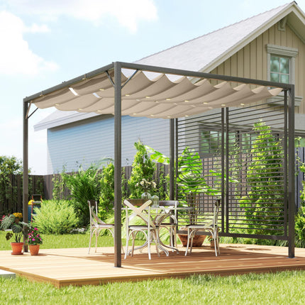 Retractable 3m x 2.8m Metal Frame Garden Pergola with Beige Canopy - Beige