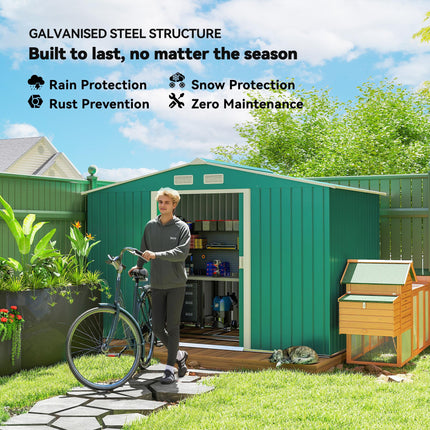 Large Lockable Metal Garden Shed 9x6 Feet with Sliding Doors - Green