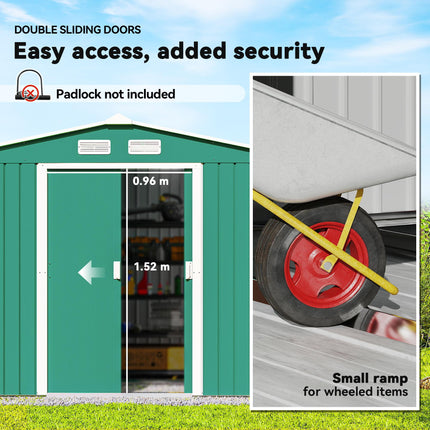 Large Lockable Metal Garden Shed 9x6 Feet with Sliding Doors - Green