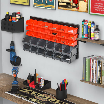 PP Wall Mounted 30-Compartment Tool Hardware Organiser - Red/Grey