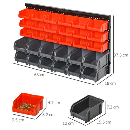 PP Wall Mounted 30-Compartment Tool Hardware Organiser - Red/Grey