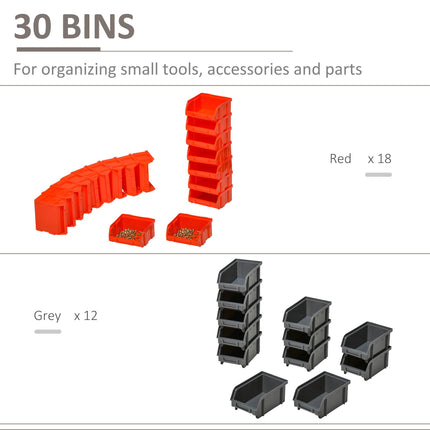 PP Wall Mounted 30-Compartment Tool Hardware Organiser - Red/Grey