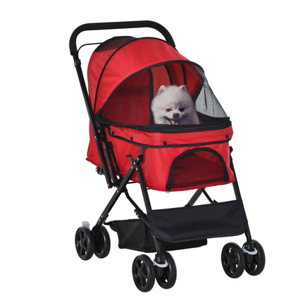 Foldable Pet Stroller Dog Jogger Pushchair with Reversible Handle, EVA Wheels, Brake & Adjustable Canopy - Red