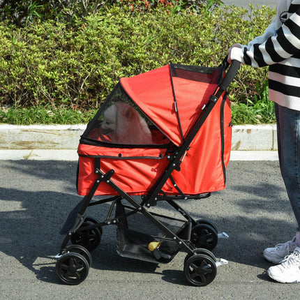 Foldable Pet Stroller Dog Jogger Pushchair with Reversible Handle, EVA Wheels, Brake & Adjustable Canopy - Red