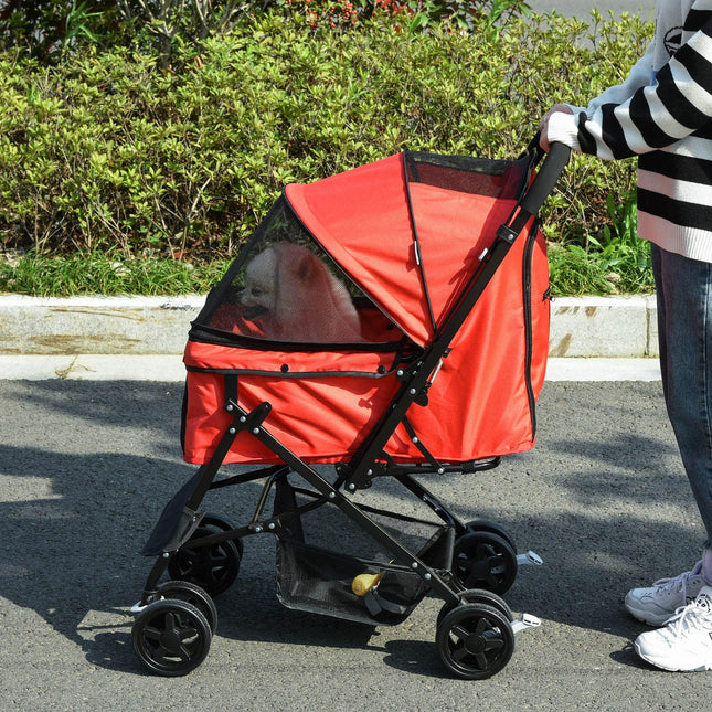 Foldable Pet Stroller Dog Jogger Pushchair with Reversible Handle, EVA Wheels, Brake & Adjustable Canopy - Red