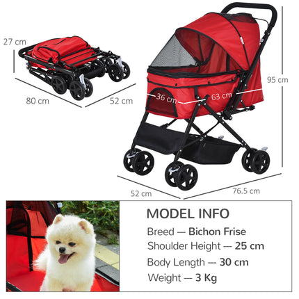 Foldable Pet Stroller Dog Jogger Pushchair with Reversible Handle, EVA Wheels, Brake & Adjustable Canopy - Red