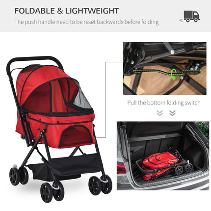 Foldable Pet Stroller Dog Jogger Pushchair with Reversible Handle, EVA Wheels, Brake & Adjustable Canopy - Red