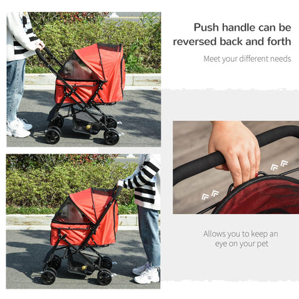 Foldable Pet Stroller Dog Jogger Pushchair with Reversible Handle, EVA Wheels, Brake & Adjustable Canopy - Red