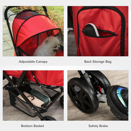 Foldable Pet Stroller Dog Jogger Pushchair with Reversible Handle, EVA Wheels, Brake & Adjustable Canopy - Red