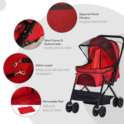 Foldable Pet Stroller Dog Jogger Pushchair with Reversible Handle, EVA Wheels, Brake & Adjustable Canopy - Red