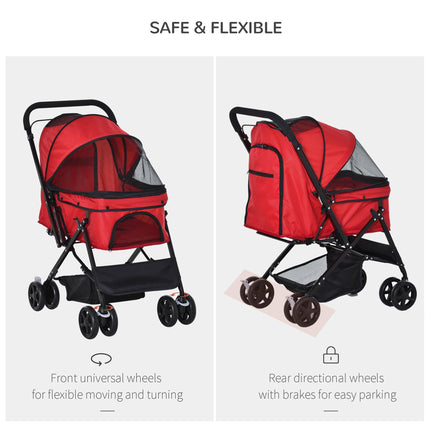 Foldable Pet Stroller Dog Jogger Pushchair with Reversible Handle, EVA Wheels, Brake & Adjustable Canopy - Red