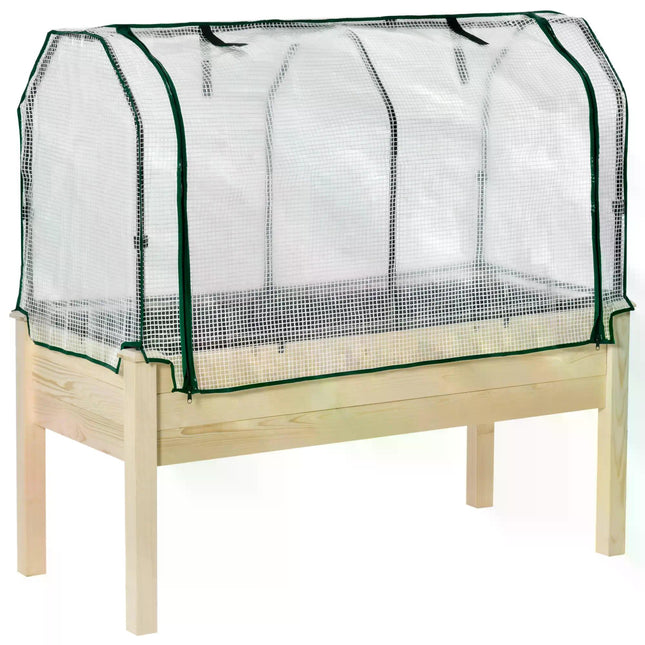 Outdoor Elevated Wooden Planter Box with PE Greenhouse Cover - Brown