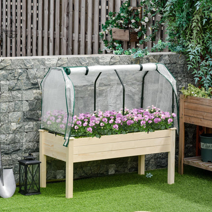 Outdoor Elevated Wooden Planter Box with PE Greenhouse Cover - Brown