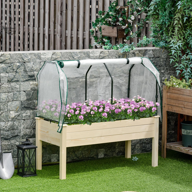 Outdoor Elevated Wooden Planter Box with PE Greenhouse Cover - Brown
