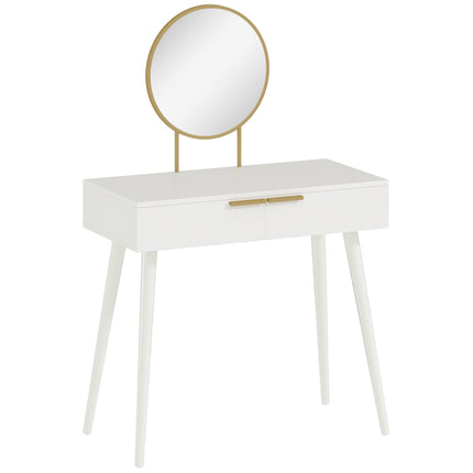 Modern Dressing Table with Round Mirror and 2 Drawers for Bedroom & Living Room - White