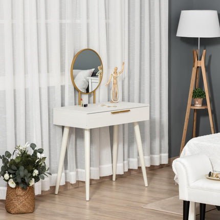 Modern Dressing Table with Round Mirror and 2 Drawers for Bedroom & Living Room - White