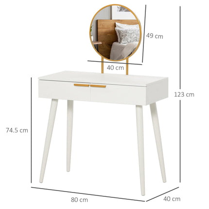 Modern Dressing Table with Round Mirror and 2 Drawers for Bedroom & Living Room - White