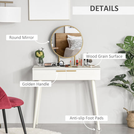 Modern Dressing Table with Round Mirror and 2 Drawers for Bedroom & Living Room - White