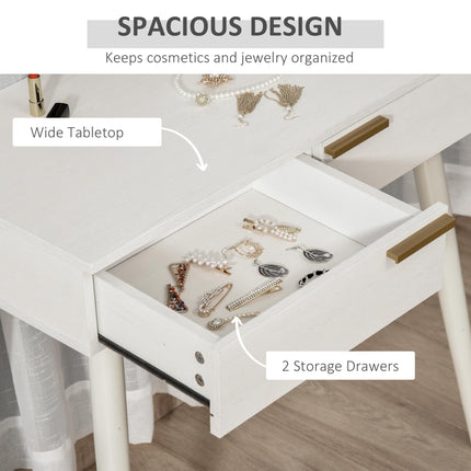 Modern Dressing Table with Round Mirror and 2 Drawers for Bedroom & Living Room - White