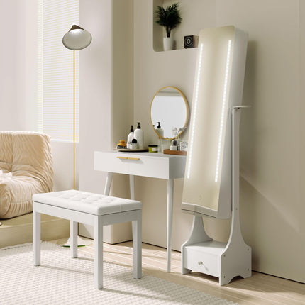 Modern Dressing Table with Round Mirror and 2 Drawers for Bedroom & Living Room - White