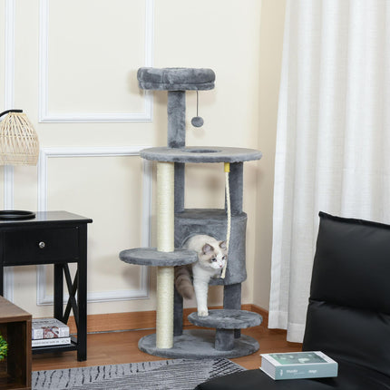112cm Cat Tree Tower Climbing Kitten Activity Center with Jute Scratching Post and Hanging Toys - Dark Grey