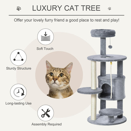 112cm Cat Tree Tower Climbing Kitten Activity Center with Jute Scratching Post and Hanging Toys - Dark Grey