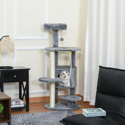 112cm Cat Tree Tower Climbing Kitten Activity Center with Jute Scratching Post and Hanging Toys - Dark Grey
