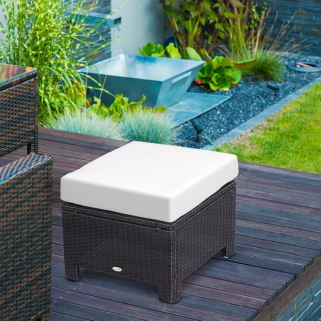 Rattan Footstool Ottoman with Padded Water-Resistant Cushion - Brown