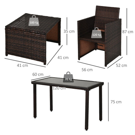 4-Seater Rattan Wicker Garden Furniture Sofa Set with Dining Table and Cushions - Brown