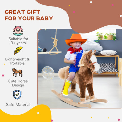 Kids Plush Rocking Horse with Handles and Footrest - Brown