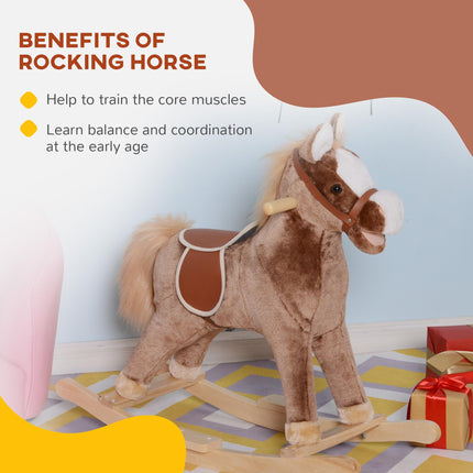 Kids Plush Rocking Horse with Handles and Footrest - Brown