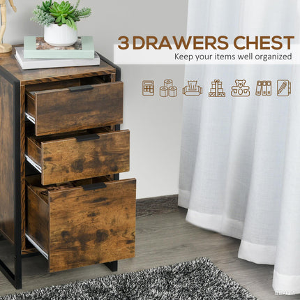 Industrial 3-Drawer Storage Chest Cabinet Organizer with Metal Frame - Brown
