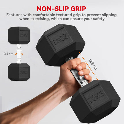 20KG Single Rubber Hex Dumbbell Portable Heavyweight Training - Black
