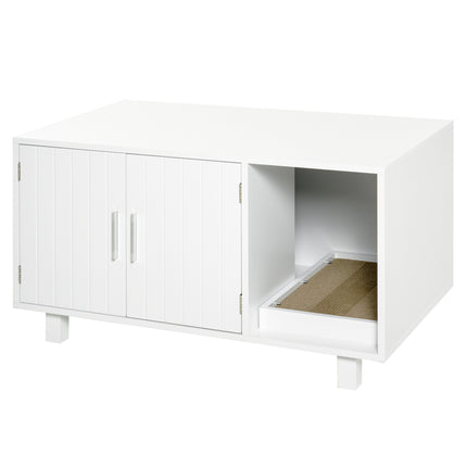 Wooden Cat Litter Box Enclosure with Scratcher, Magnetic Doors & Nightstand Design - White