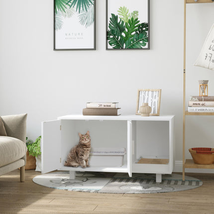 Wooden Cat Litter Box Enclosure with Scratcher, Magnetic Doors & Nightstand Design - White