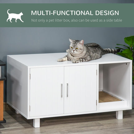 Wooden Cat Litter Box Enclosure with Scratcher, Magnetic Doors & Nightstand Design - White