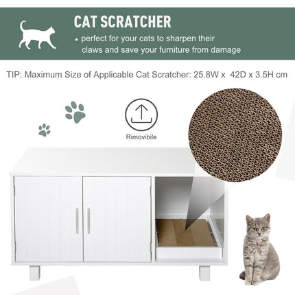 Wooden Cat Litter Box Enclosure with Scratcher, Magnetic Doors & Nightstand Design - White