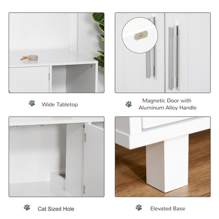 Wooden Cat Litter Box Enclosure with Scratcher, Magnetic Doors & Nightstand Design - White