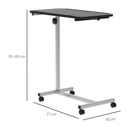 Height Adjustable Portable Overbed Chair Table with Lockable Castors and Wooden Top - Black