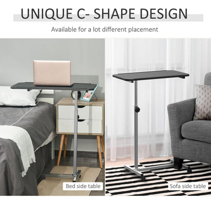 Height Adjustable Portable Overbed Chair Table with Lockable Castors and Wooden Top - Black