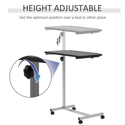 Height Adjustable Portable Overbed Chair Table with Lockable Castors and Wooden Top - Black