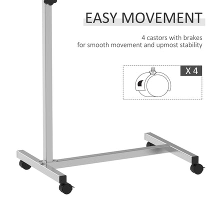 Height Adjustable Portable Overbed Chair Table with Lockable Castors and Wooden Top - Black
