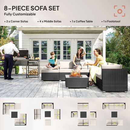 8 Piece Rattan Garden Sofa Set with Aluminium Frame - Black