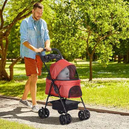 Pet Stroller Foldable Dog Cat Travel Pushchair with EVA Wheels, Brake, Basket, Adjustable Canopy & Safety Leash - Red