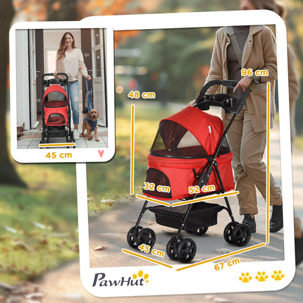 Pet Stroller Foldable Dog Cat Travel Pushchair with EVA Wheels, Brake, Basket, Adjustable Canopy & Safety Leash - Red