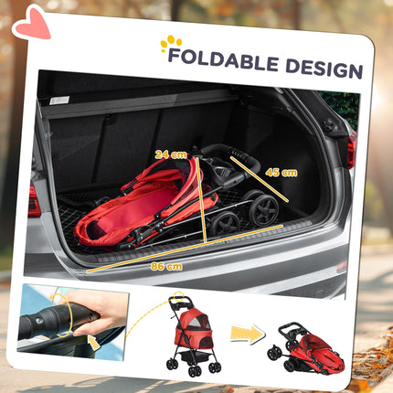 Pet Stroller Foldable Dog Cat Travel Pushchair with EVA Wheels, Brake, Basket, Adjustable Canopy & Safety Leash - Red