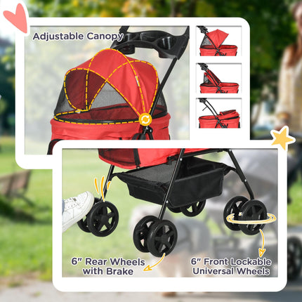 Pet Stroller Foldable Dog Cat Travel Pushchair with EVA Wheels, Brake, Basket, Adjustable Canopy & Safety Leash - Red