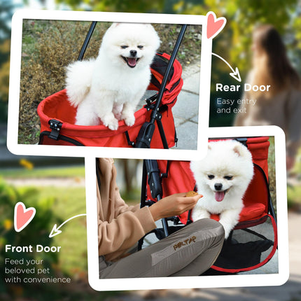 Pet Stroller Foldable Dog Cat Travel Pushchair with EVA Wheels, Brake, Basket, Adjustable Canopy & Safety Leash - Red