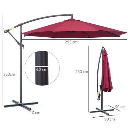 3 Metre Garden Banana Parasol with Crank Handle and Cross Base - Wine Red